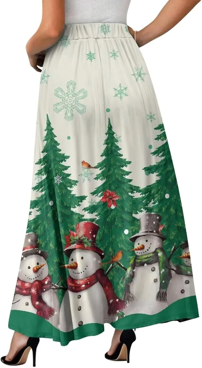 Women's Maxi Skirts Summer Bohemian High Waist Flowy Ruffle Long Skirts with Pockets for Holiday Travel Size S-2XL
