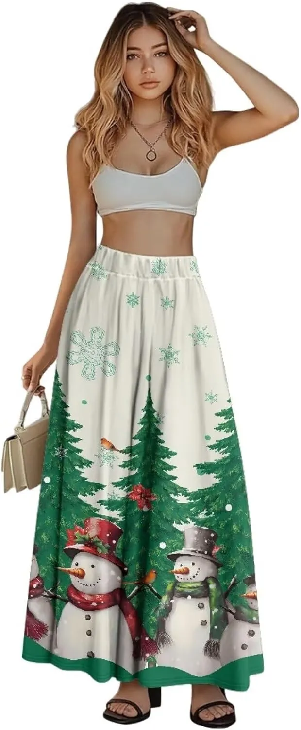 Women's Maxi Skirts Summer Bohemian High Waist Flowy Ruffle Long Skirts with Pockets for Holiday Travel Size S-2XL