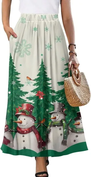 Women's Maxi Skirts Summer Bohemian High Waist Flowy Ruffle Long Skirts with Pockets for Holiday Travel Size S-2XL