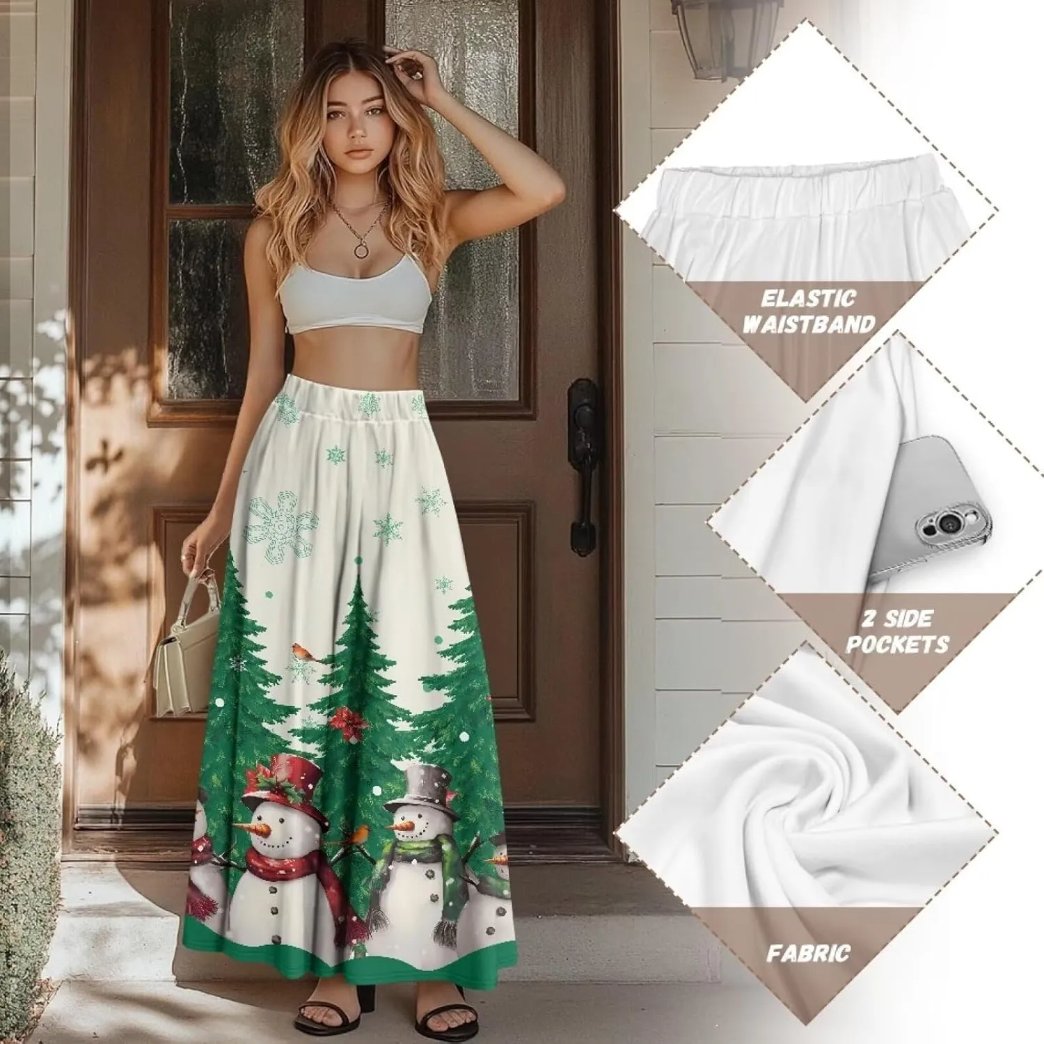 Women's Maxi Skirts Summer Bohemian High Waist Flowy Ruffle Long Skirts with Pockets for Holiday Travel Size S-2XL