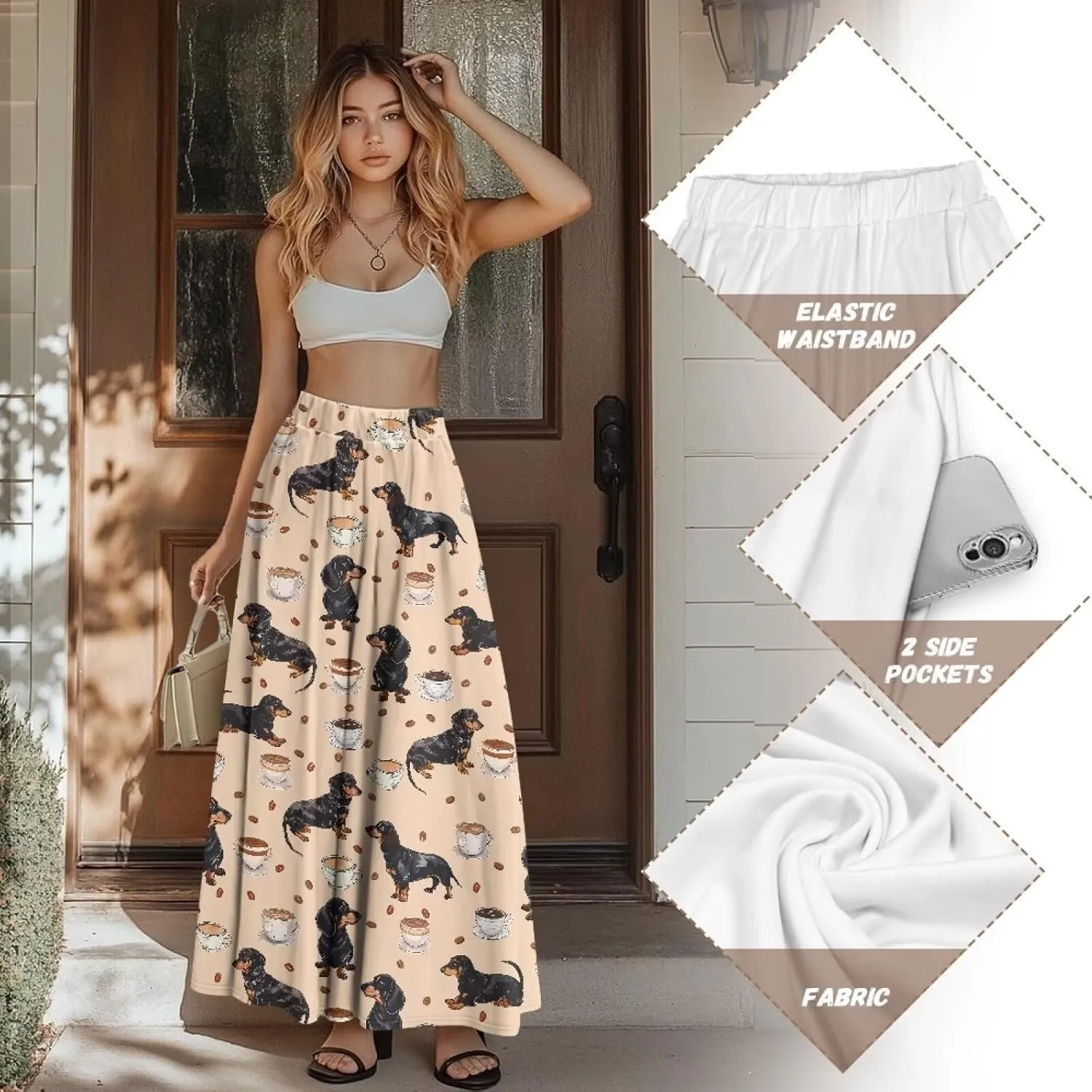 Women's Maxi Skirts Summer Bohemian High Waist Flowy Ruffle Long Skirts with Pockets for Holiday Travel Size S-2XL