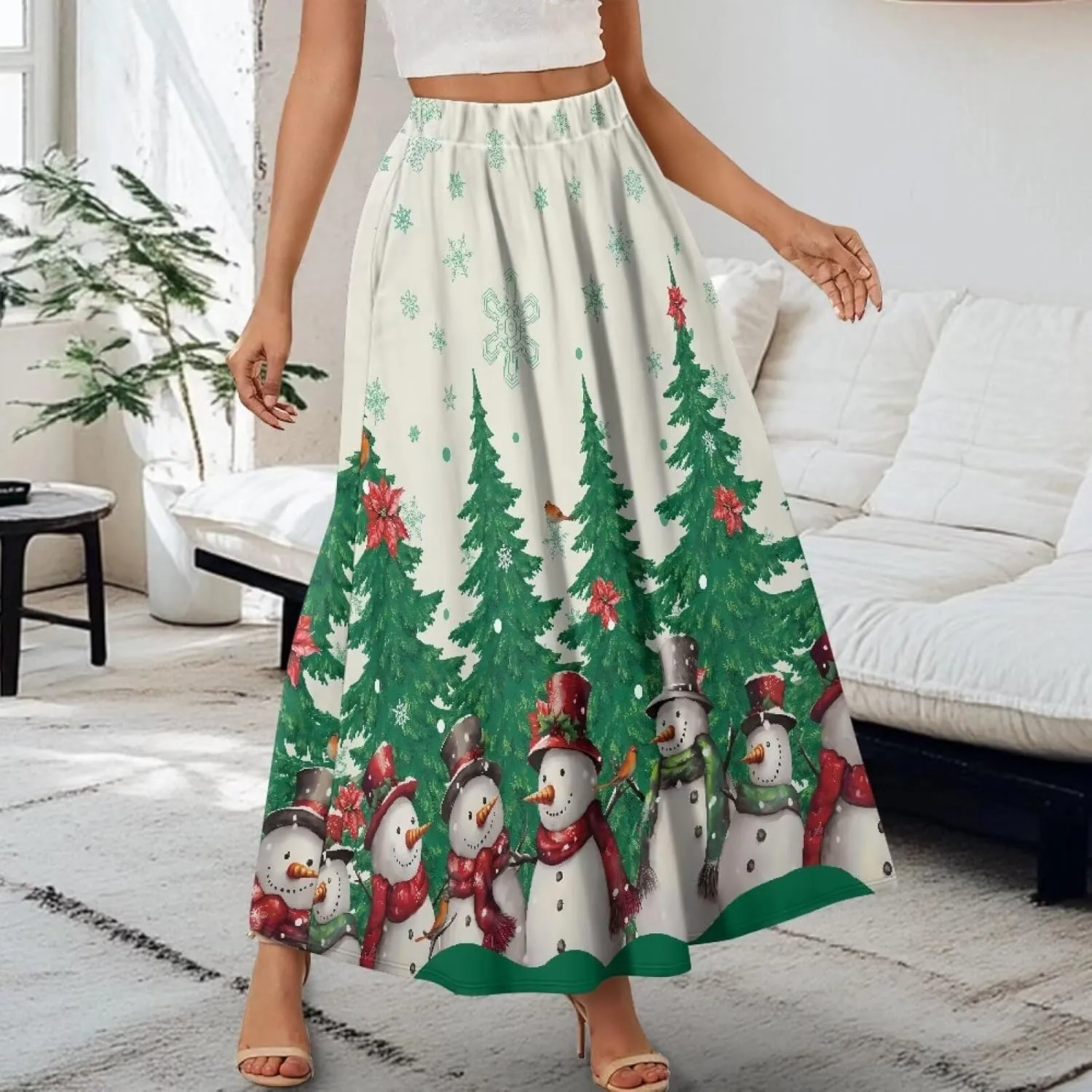 Women's Maxi Skirts Summer Bohemian High Waist Flowy Ruffle Long Skirts with Pockets for Holiday Travel Size S-2XL