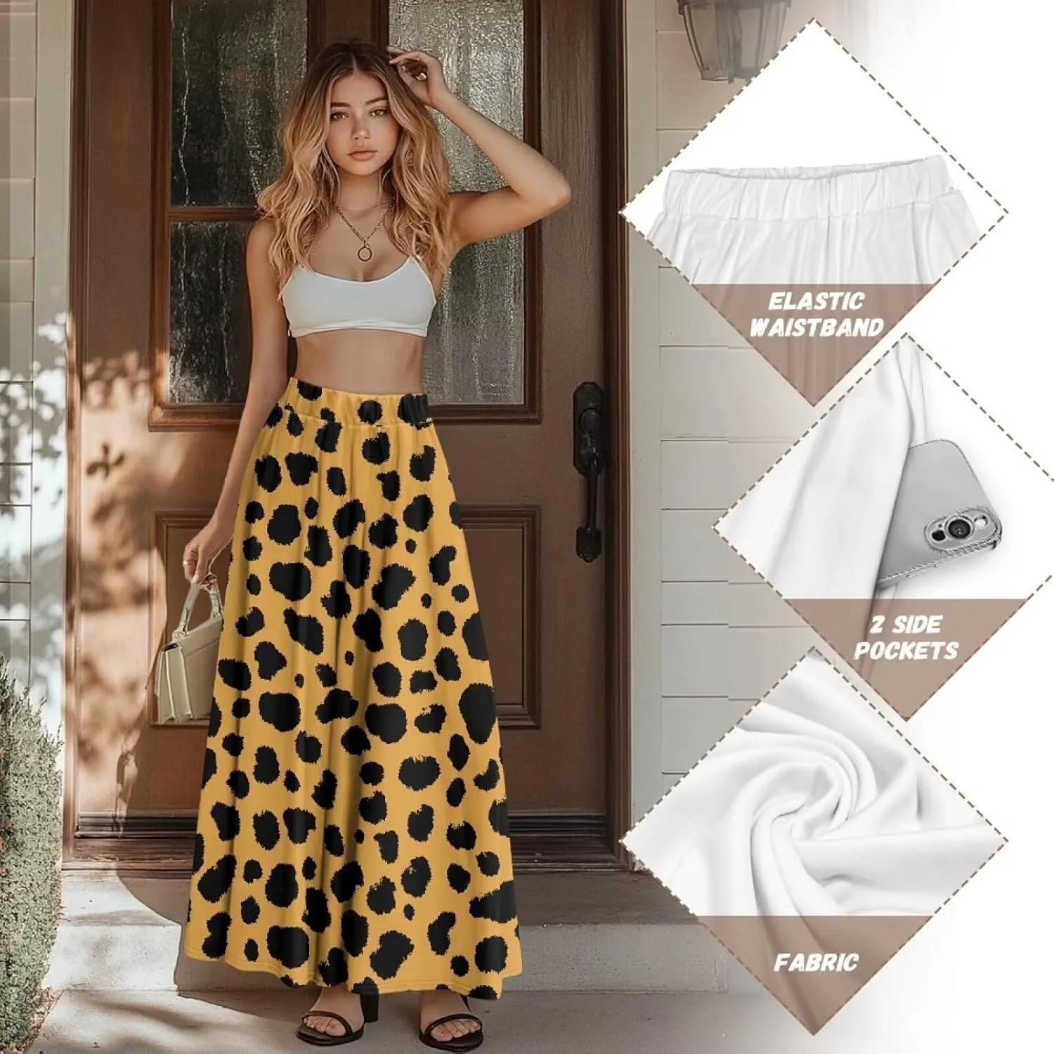 Women's Midi Skirt with Pockets Elastic Waist Flowy Ruffle Casual Summer Boho A-line Skirts Size S-2XL