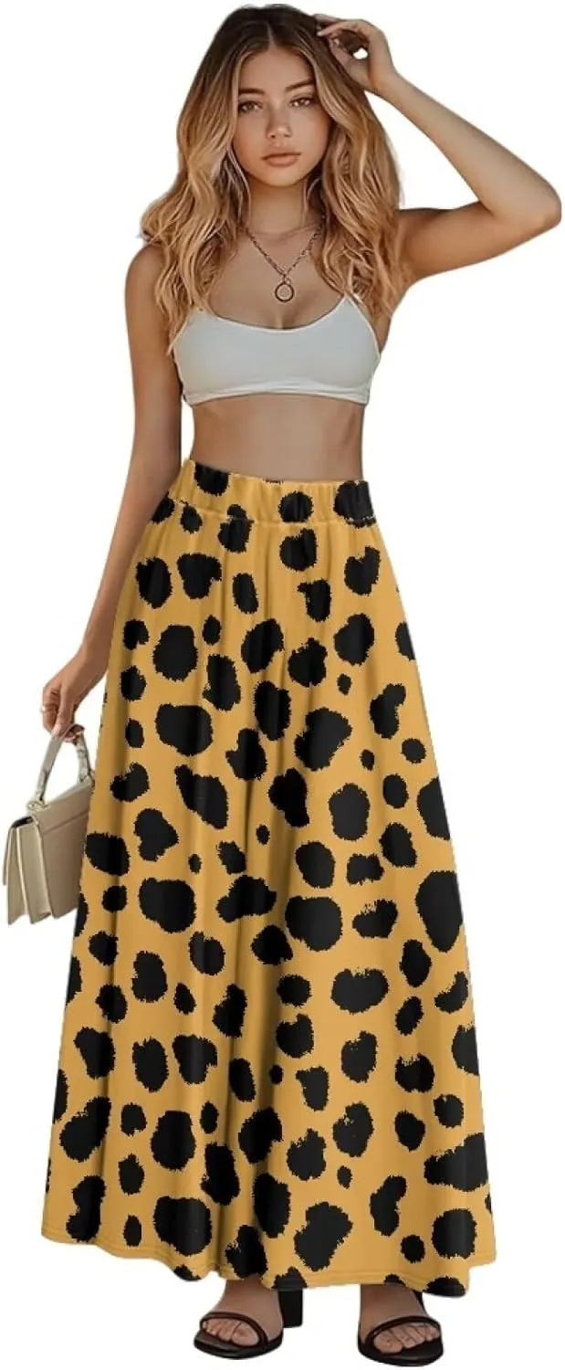 Women's Midi Skirt with Pockets Elastic Waist Flowy Ruffle Casual Summer Boho A-line Skirts Size S-2XL