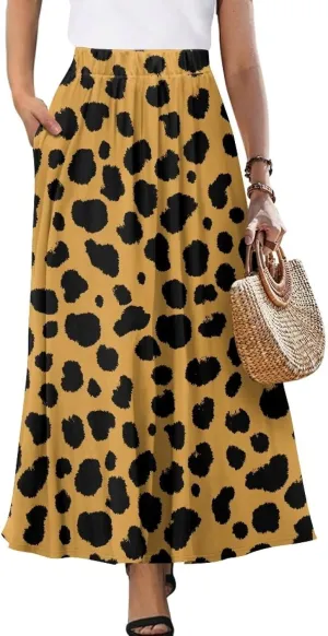 Women's Midi Skirt with Pockets Elastic Waist Flowy Ruffle Casual Summer Boho A-line Skirts Size S-2XL