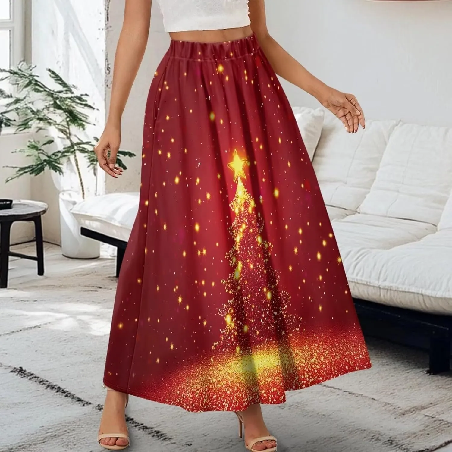Women's Midi Skirt with Pockets Elastic Waist Flowy Ruffle Casual Summer Boho A-line Skirts Size S-2XL