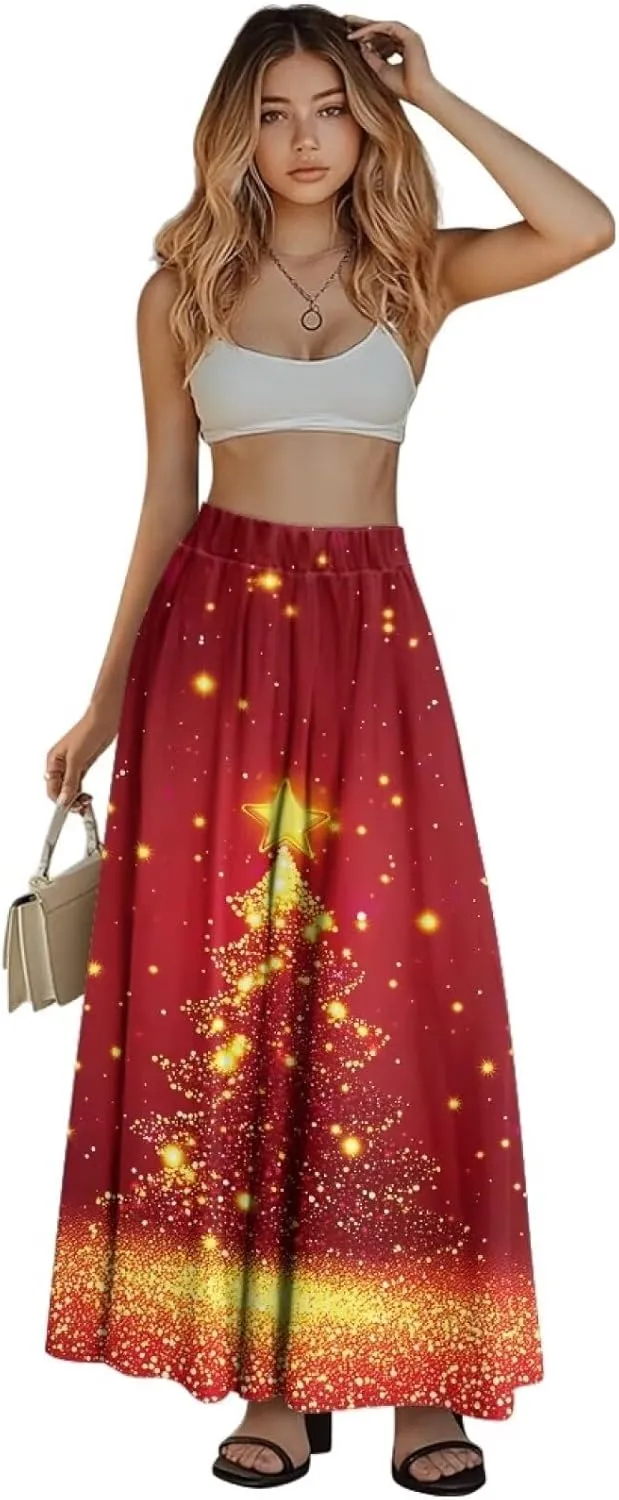Women's Midi Skirt with Pockets Elastic Waist Flowy Ruffle Casual Summer Boho A-line Skirts Size S-2XL