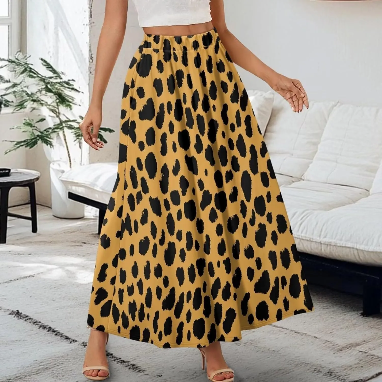 Women's Midi Skirt with Pockets Elastic Waist Flowy Ruffle Casual Summer Boho A-line Skirts Size S-2XL