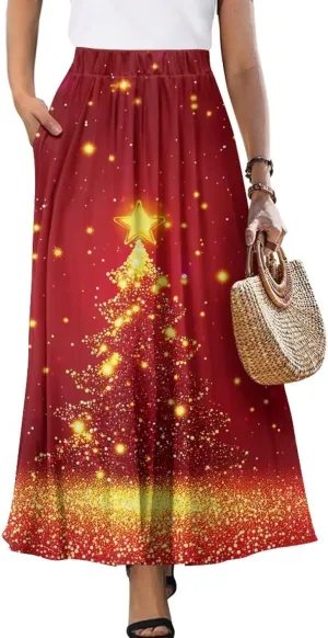 Women's Midi Skirt with Pockets Elastic Waist Flowy Ruffle Casual Summer Boho A-line Skirts Size S-2XL
