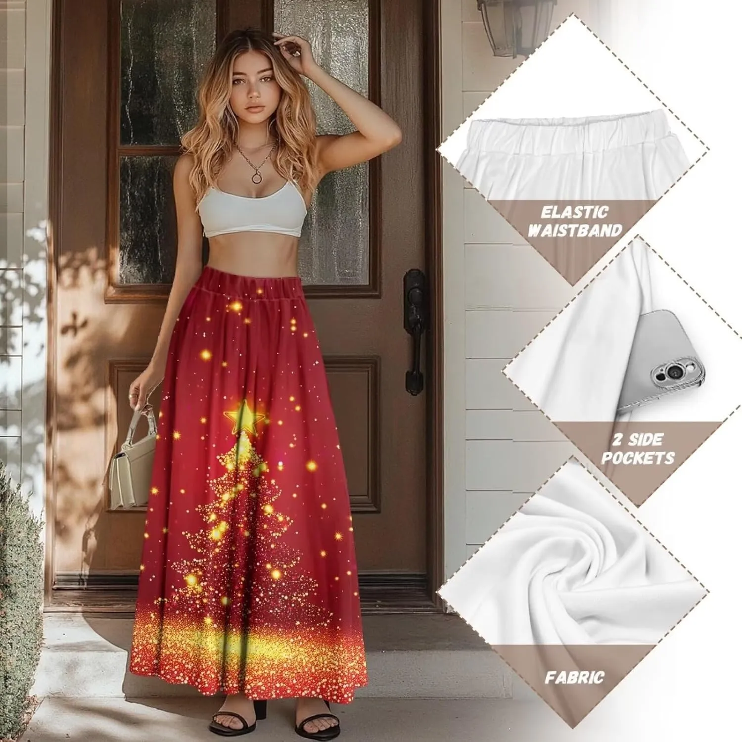 Women's Midi Skirt with Pockets Elastic Waist Flowy Ruffle Casual Summer Boho A-line Skirts Size S-2XL