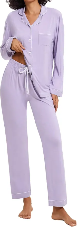 Women's Pajamas 95% viscose made from bamboo 5% spandex Long Sleeve Button-Down Soft Knit Sleepwear Set