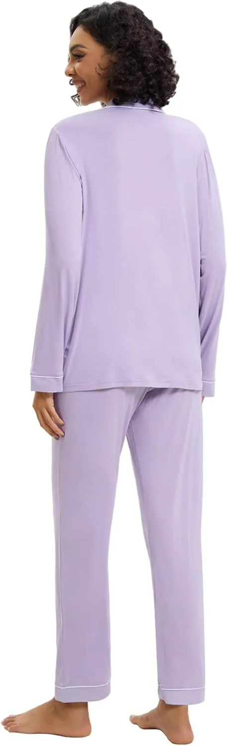 Women's Pajamas 95% viscose made from bamboo 5% spandex Long Sleeve Button-Down Soft Knit Sleepwear Set
