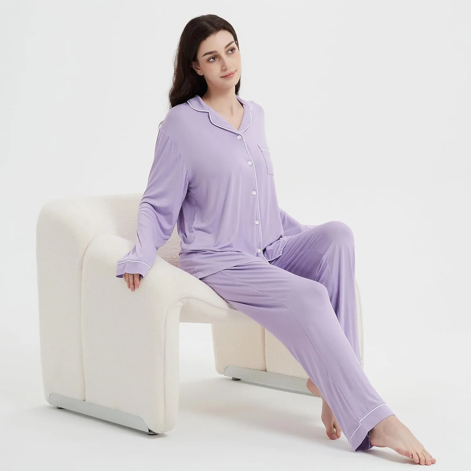 Women's Pajamas 95% viscose made from bamboo 5% spandex Long Sleeve Button-Down Soft Knit Sleepwear Set
