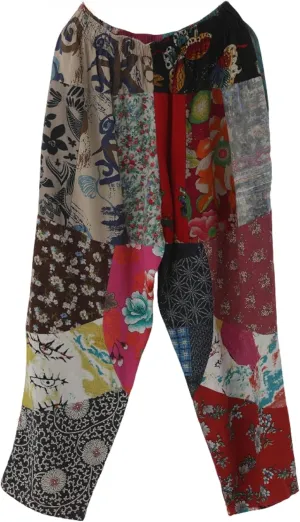 Women's Patchwork Harem Pants Cotton-Linen Blend Boho Trousers Hippie Pants with Pockets Fall Winter