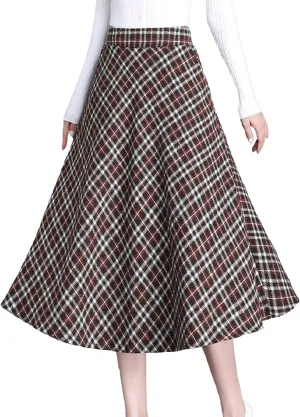 Women's Plaid Tweed Midi Skirt with Pockets Casual Vintage High Waist A-Line Pleated Fall Skirt