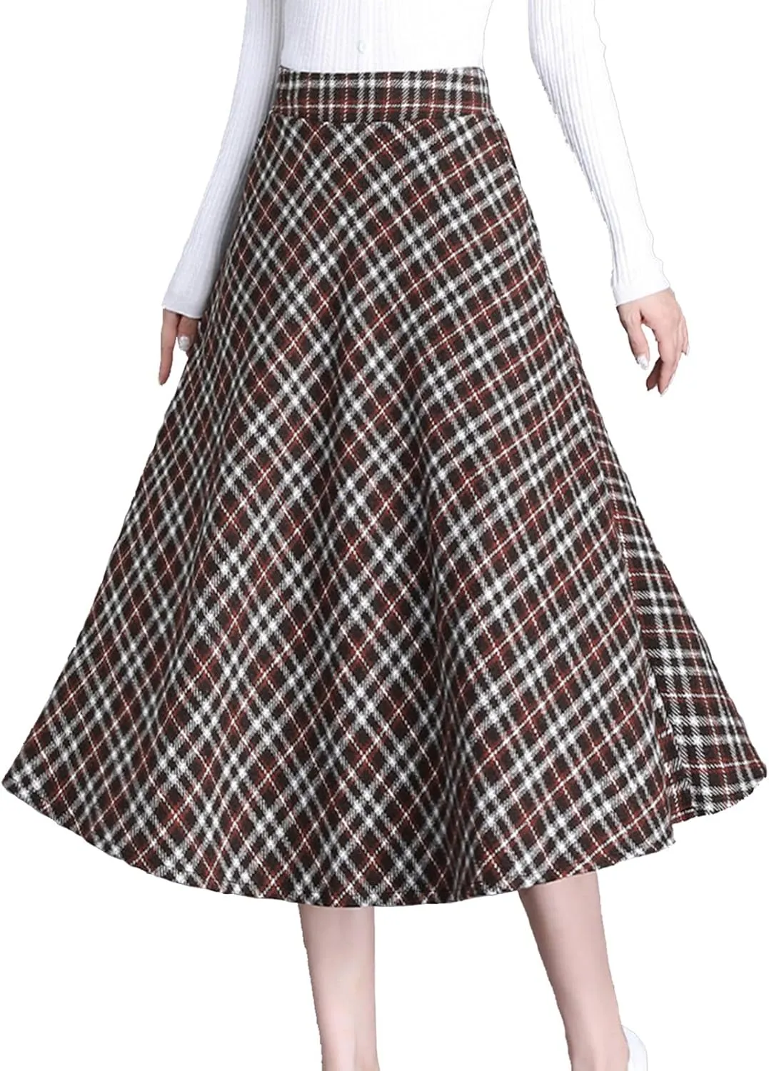 Women's Plaid Tweed Midi Skirt with Pockets Casual Vintage High Waist A-Line Pleated Fall Skirt