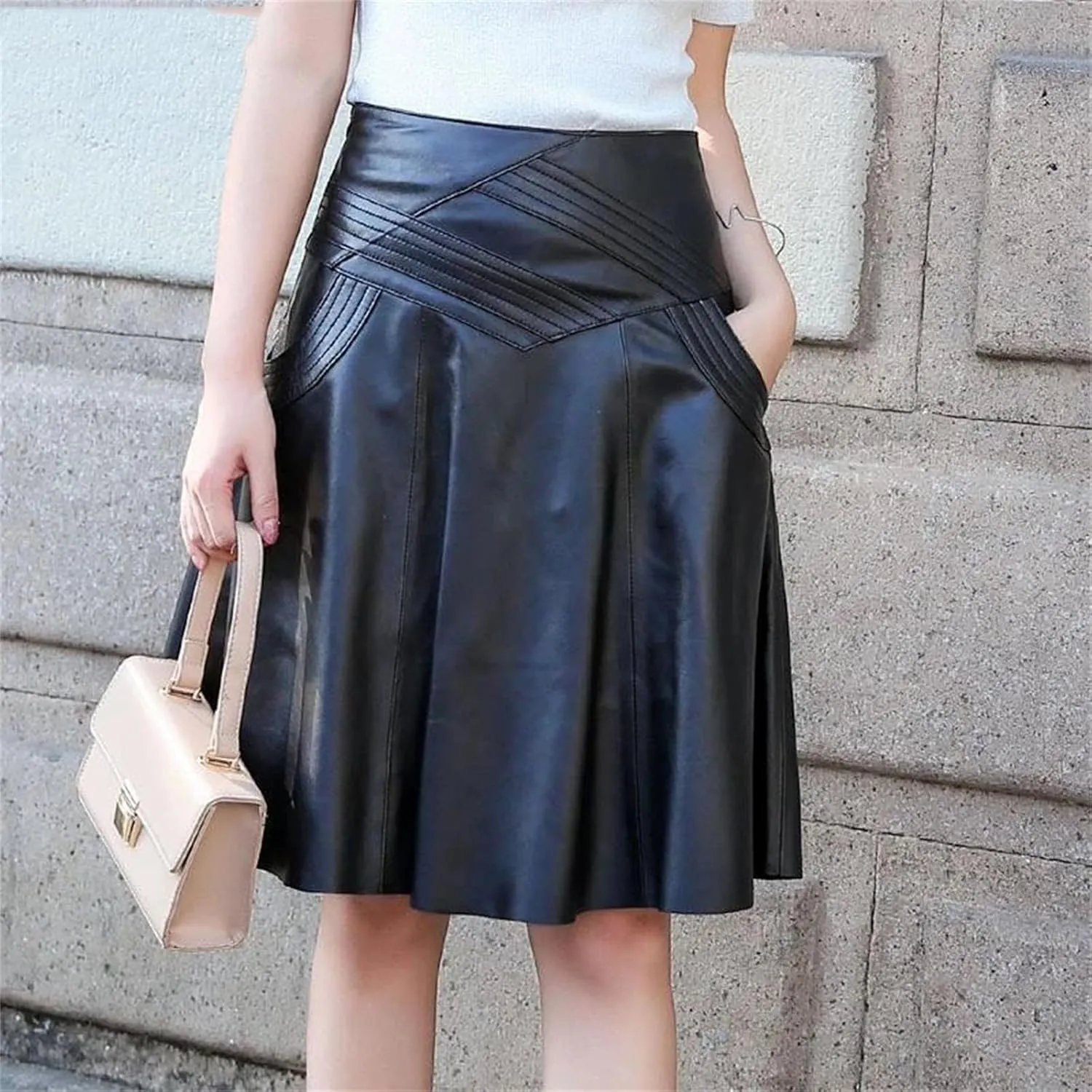 Womens Pleated Midi Leather Skirt Genuine Sheepskin High Waist Plus Size Custom