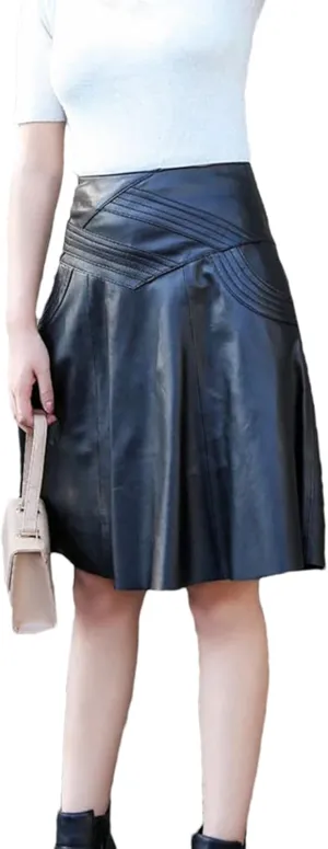 Womens Pleated Midi Leather Skirt Genuine Sheepskin High Waist Plus Size Custom