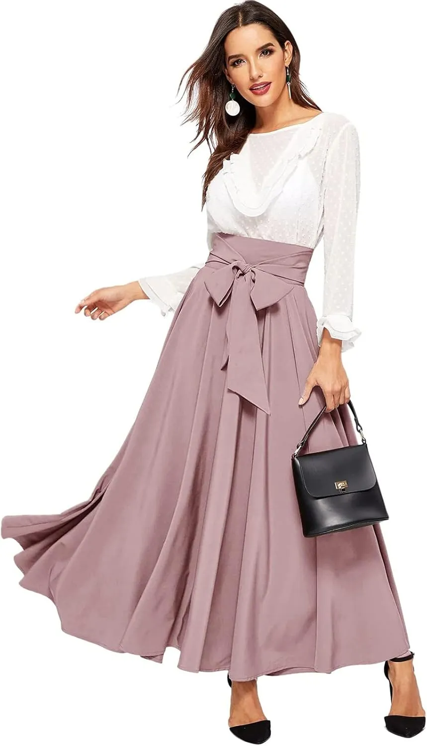 Women's Pleated Skirt Elastic Waist A-Line Midi Length Skirt Tie Front Maxi Skirts Casual Midi Skirt