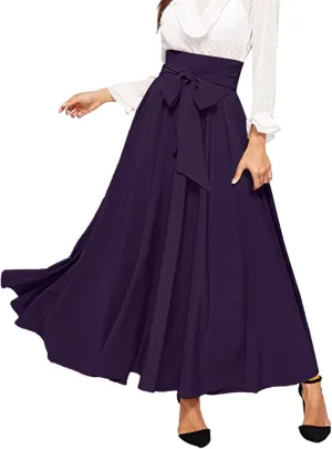 Women's Pleated Skirt Elastic Waist A-Line Midi Length Skirt Tie Front Maxi Skirts Casual Midi Skirt