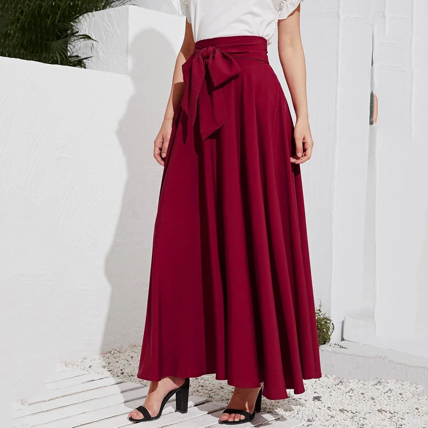Women's Pleated Skirt Elastic Waist A-Line Midi Length Skirt Tie Front Maxi Skirts Casual Midi Skirt