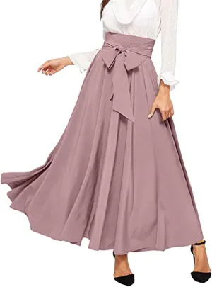 Women's Pleated Skirt Elastic Waist A-Line Midi Length Skirt Tie Front Maxi Skirts Casual Midi Skirt