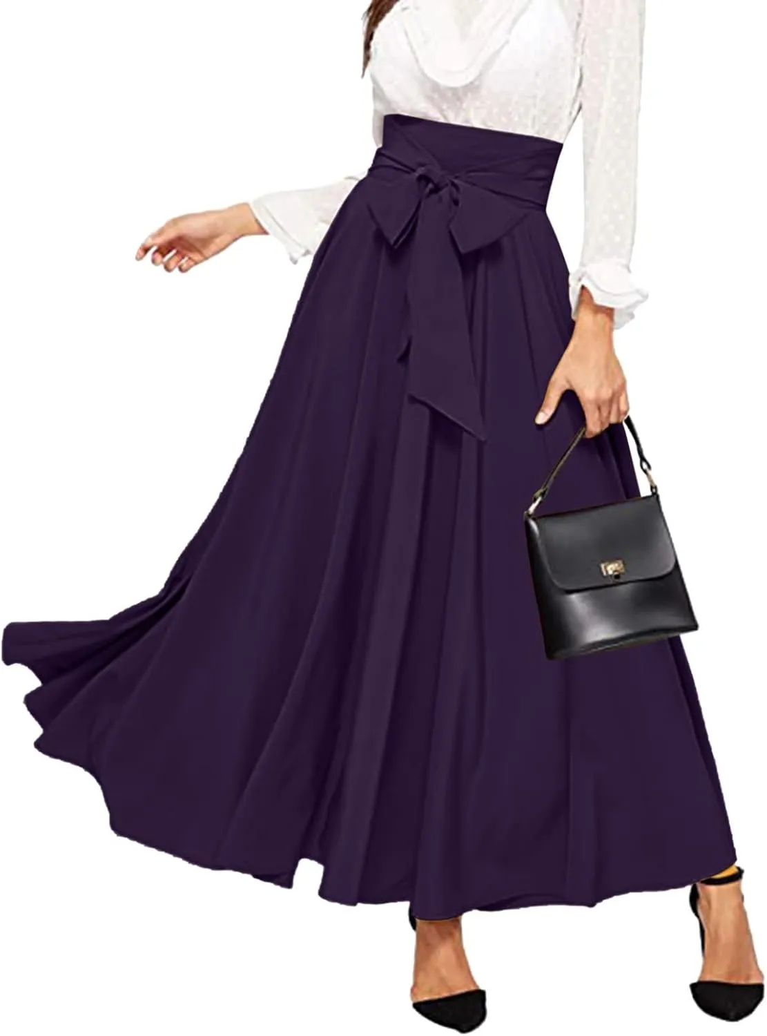 Women's Pleated Skirt Elastic Waist A-Line Midi Length Skirt Tie Front Maxi Skirts Casual Midi Skirt