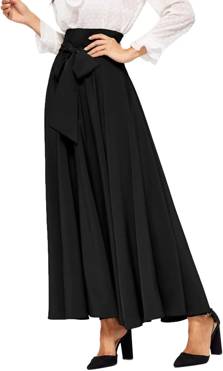 Women's Pleated Skirt Elastic Waist A-Line Midi Length Skirt Tie Front Maxi Skirts Casual Midi Skirt