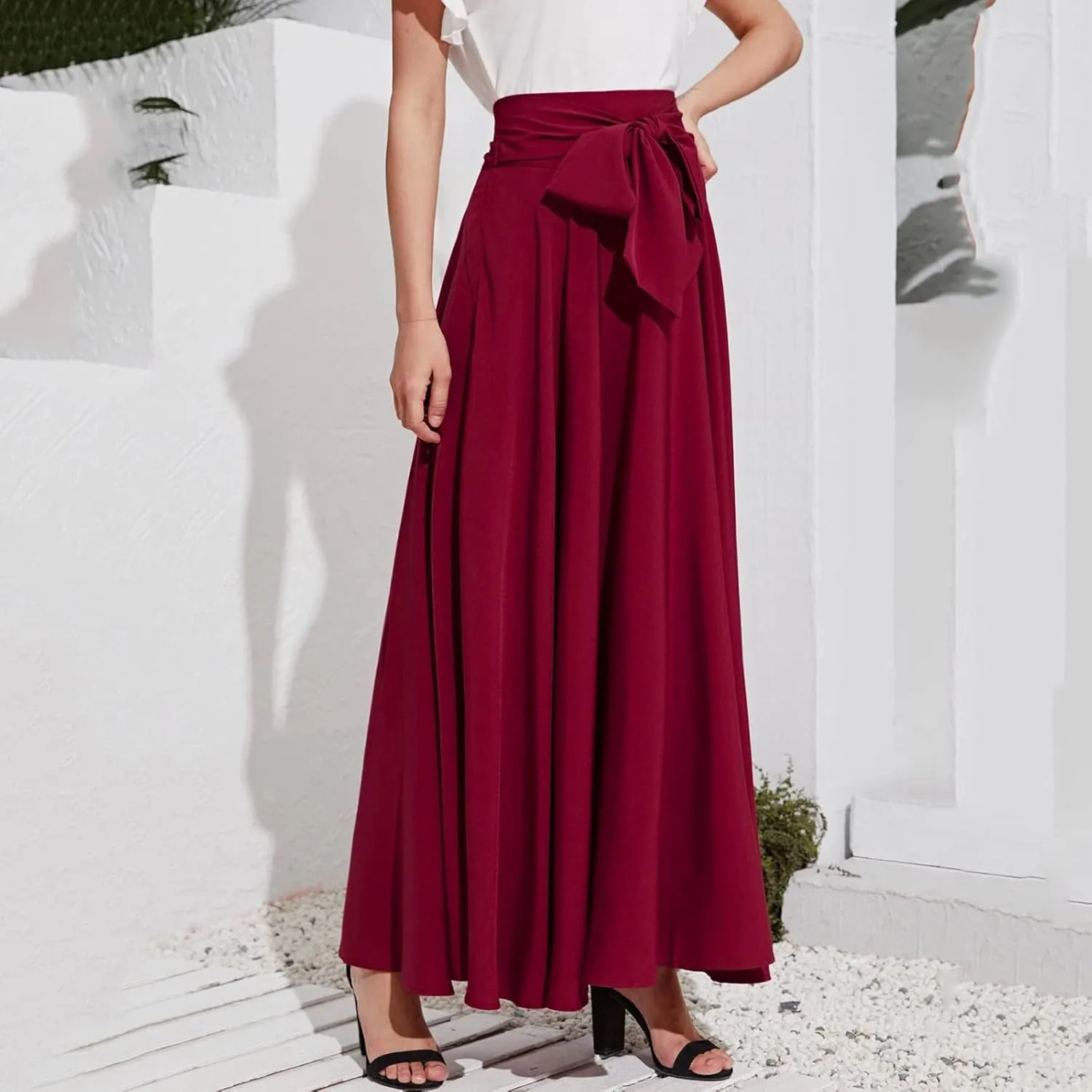 Women's Pleated Skirt Elastic Waist A-Line Midi Length Skirt Tie Front Maxi Skirts Casual Midi Skirt