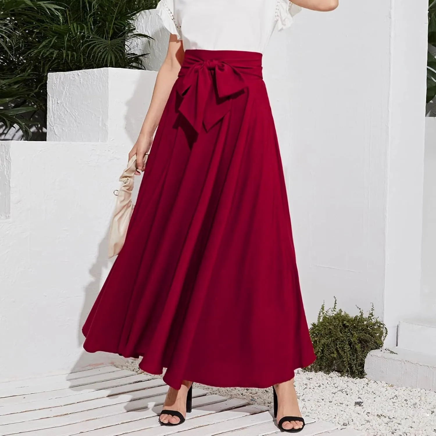 Women's Pleated Skirt Elastic Waist A-Line Midi Length Skirt Tie Front Maxi Skirts Casual Midi Skirt