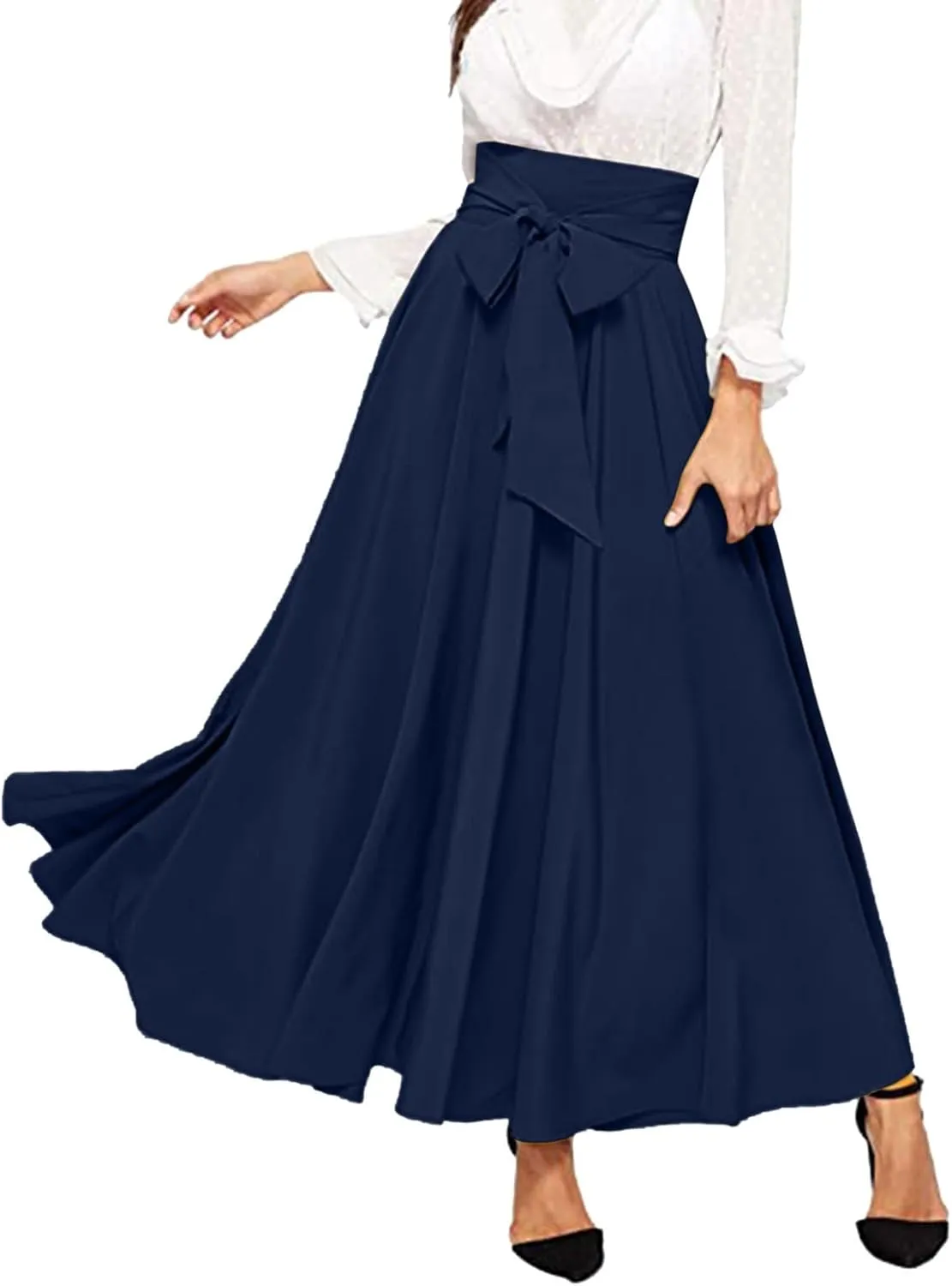 Women's Pleated Skirt Elastic Waist A-Line Midi Length Skirt Tie Front Maxi Skirts Casual Midi Skirt