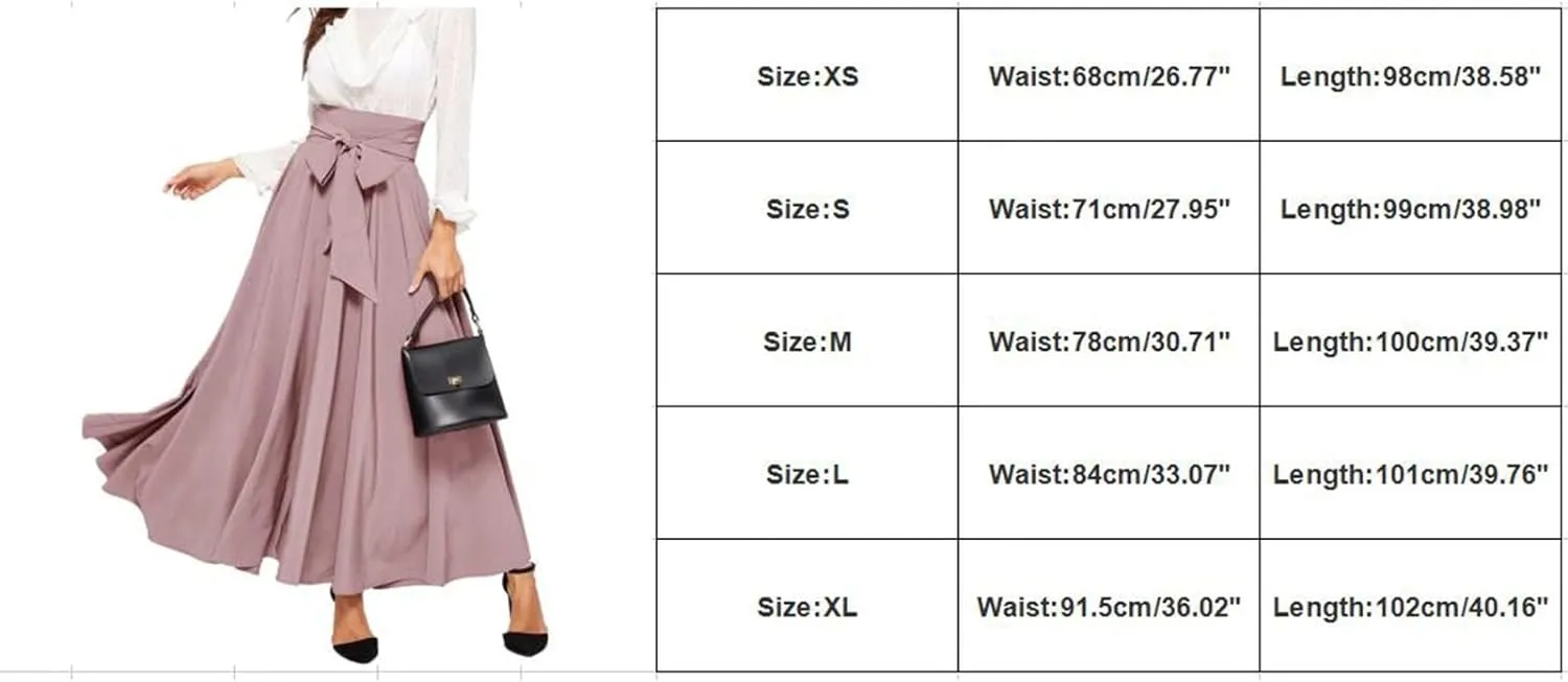 Women's Pleated Skirt Elastic Waist A-Line Midi Length Skirt Tie Front Maxi Skirts Casual Midi Skirt