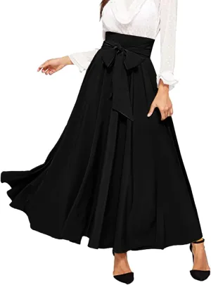 Women's Pleated Skirt Elastic Waist A-Line Midi Length Skirt Tie Front Maxi Skirts Casual Midi Skirt