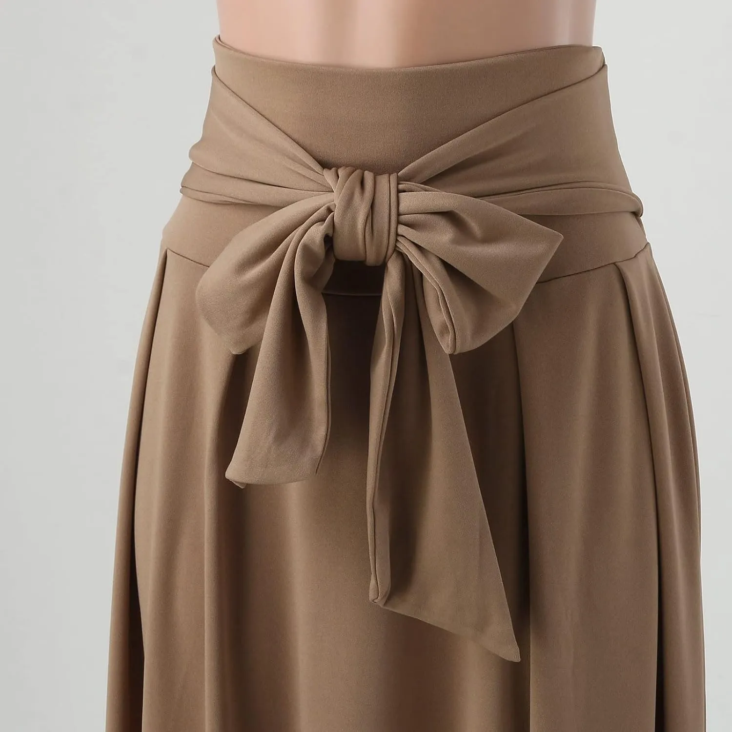 Women's Pleated Skirt Elastic Waist A-Line Midi Length Skirt Tie Front Maxi Skirts Casual Midi Skirt