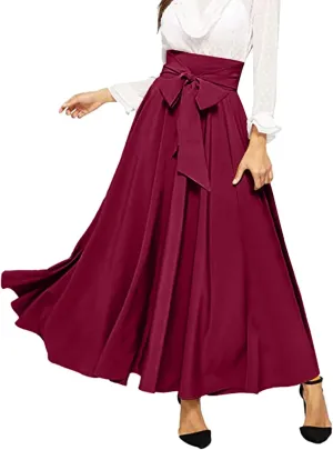 Women's Pleated Skirt Elastic Waist A-Line Midi Length Skirt Tie Front Maxi Skirts Casual Midi Skirt