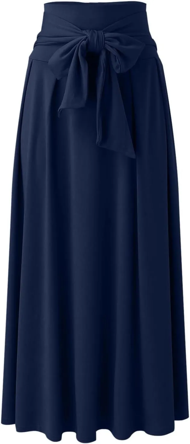 Women's Pleated Skirt Elastic Waist A-Line Midi Length Skirt Tie Front Maxi Skirts Casual Midi Skirt