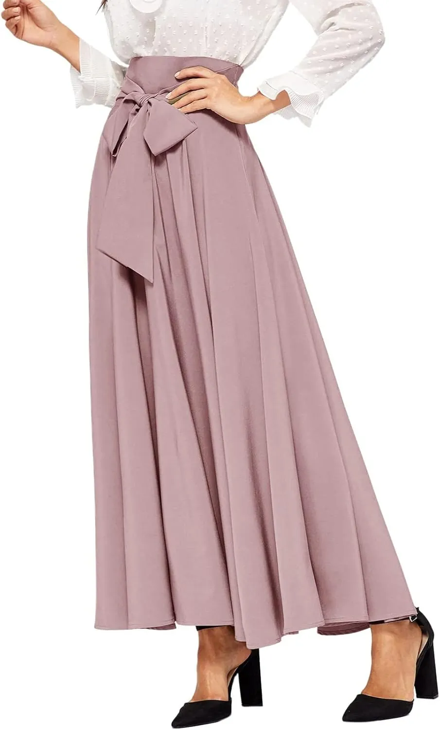 Women's Pleated Skirt Elastic Waist A-Line Midi Length Skirt Tie Front Maxi Skirts Casual Midi Skirt