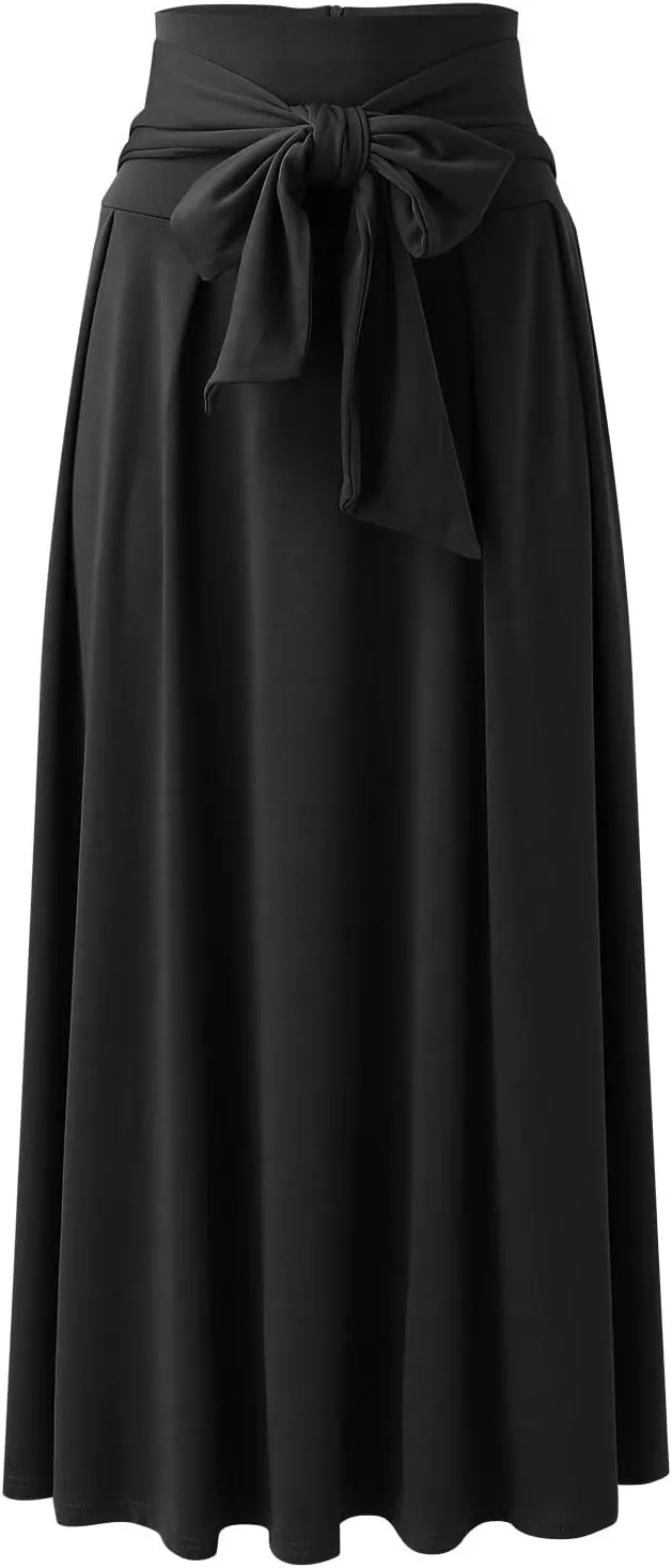 Women's Pleated Skirt Elastic Waist A-Line Midi Length Skirt Tie Front Maxi Skirts Casual Midi Skirt