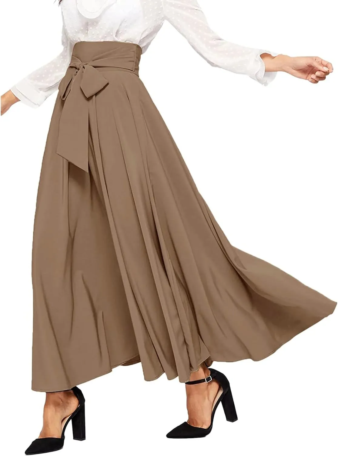 Women's Pleated Skirt Elastic Waist A-Line Midi Length Skirt Tie Front Maxi Skirts Casual Midi Skirt