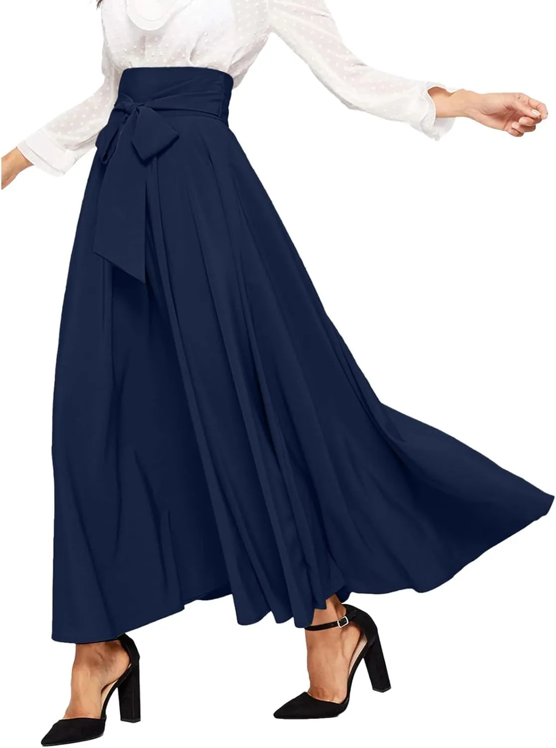 Women's Pleated Skirt Elastic Waist A-Line Midi Length Skirt Tie Front Maxi Skirts Casual Midi Skirt