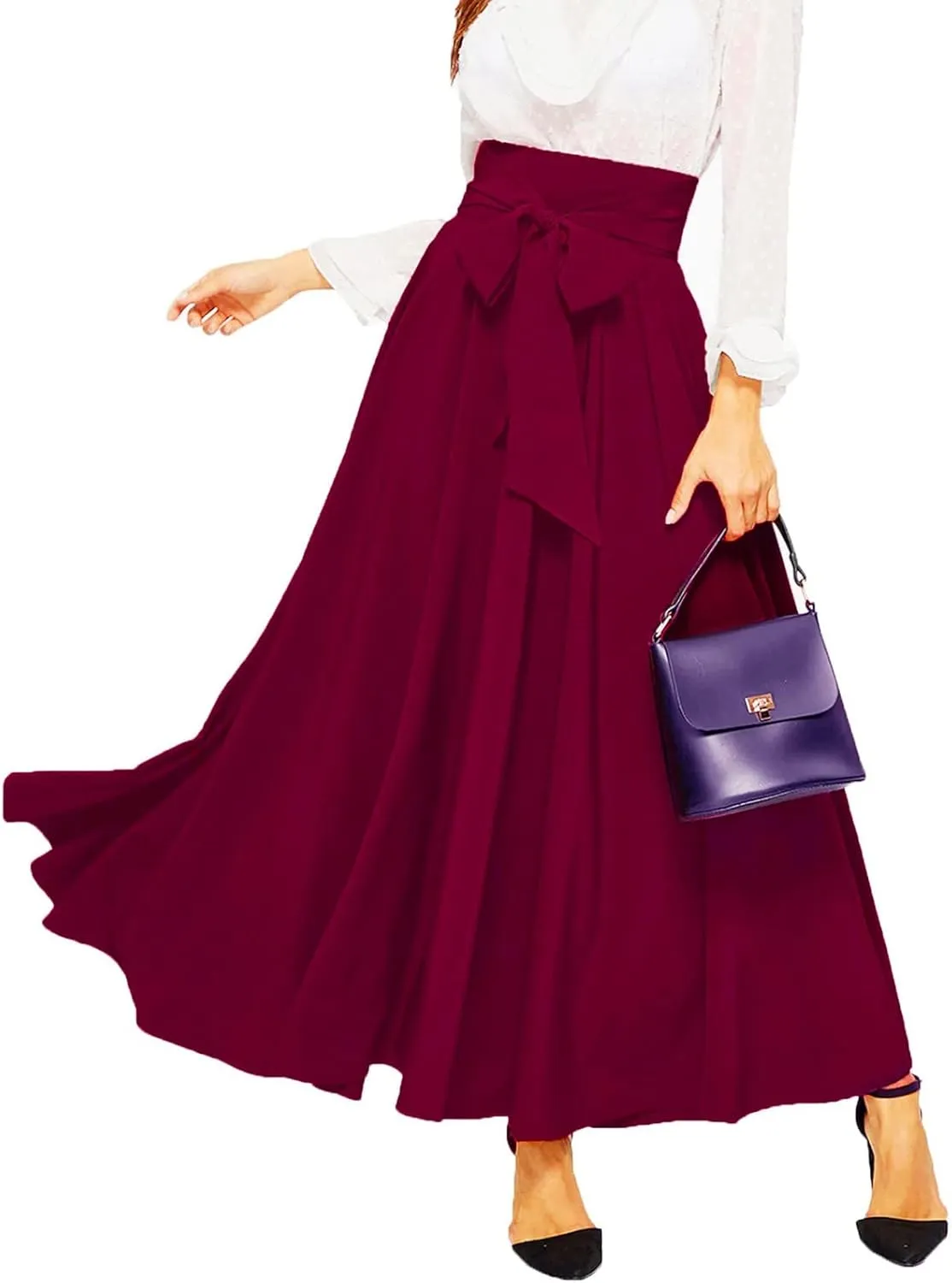 Women's Pleated Skirt Elastic Waist A-Line Midi Length Skirt Tie Front Maxi Skirts Casual Midi Skirt