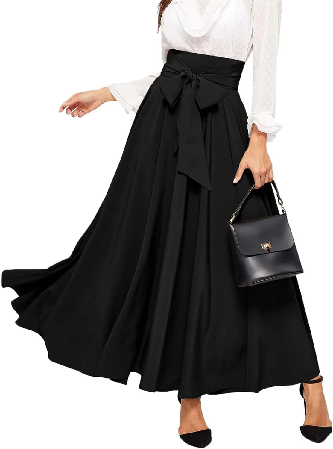 Women's Pleated Skirt Elastic Waist A-Line Midi Length Skirt Tie Front Maxi Skirts Casual Midi Skirt