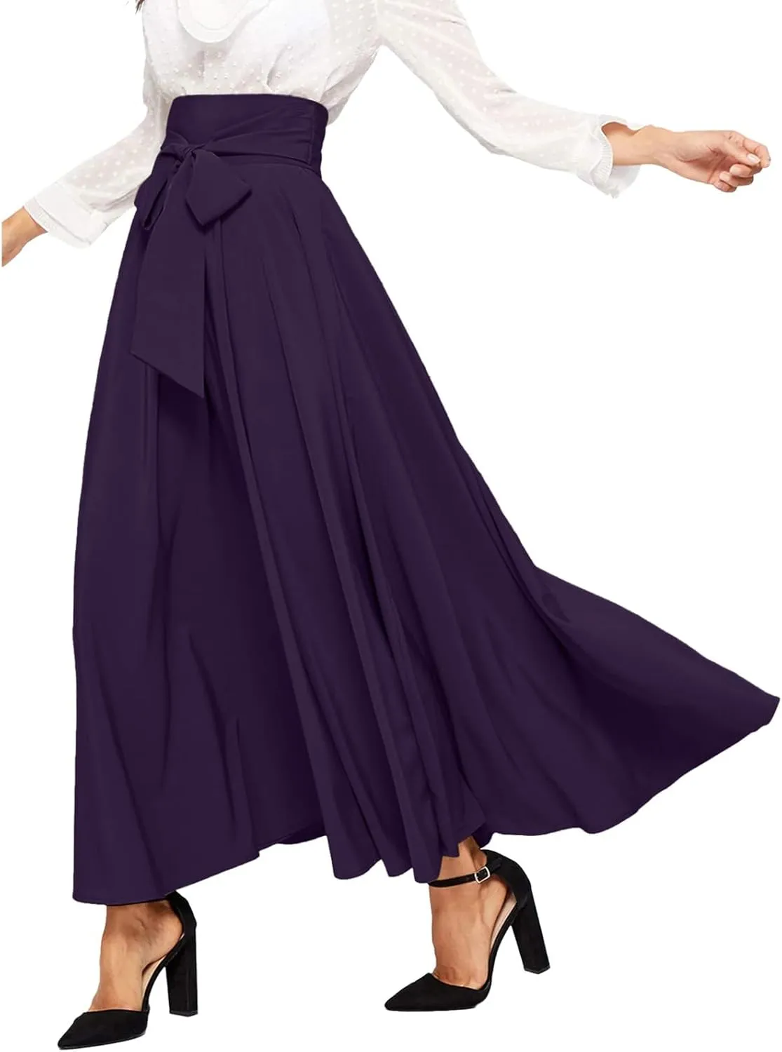 Women's Pleated Skirt Elastic Waist A-Line Midi Length Skirt Tie Front Maxi Skirts Casual Midi Skirt