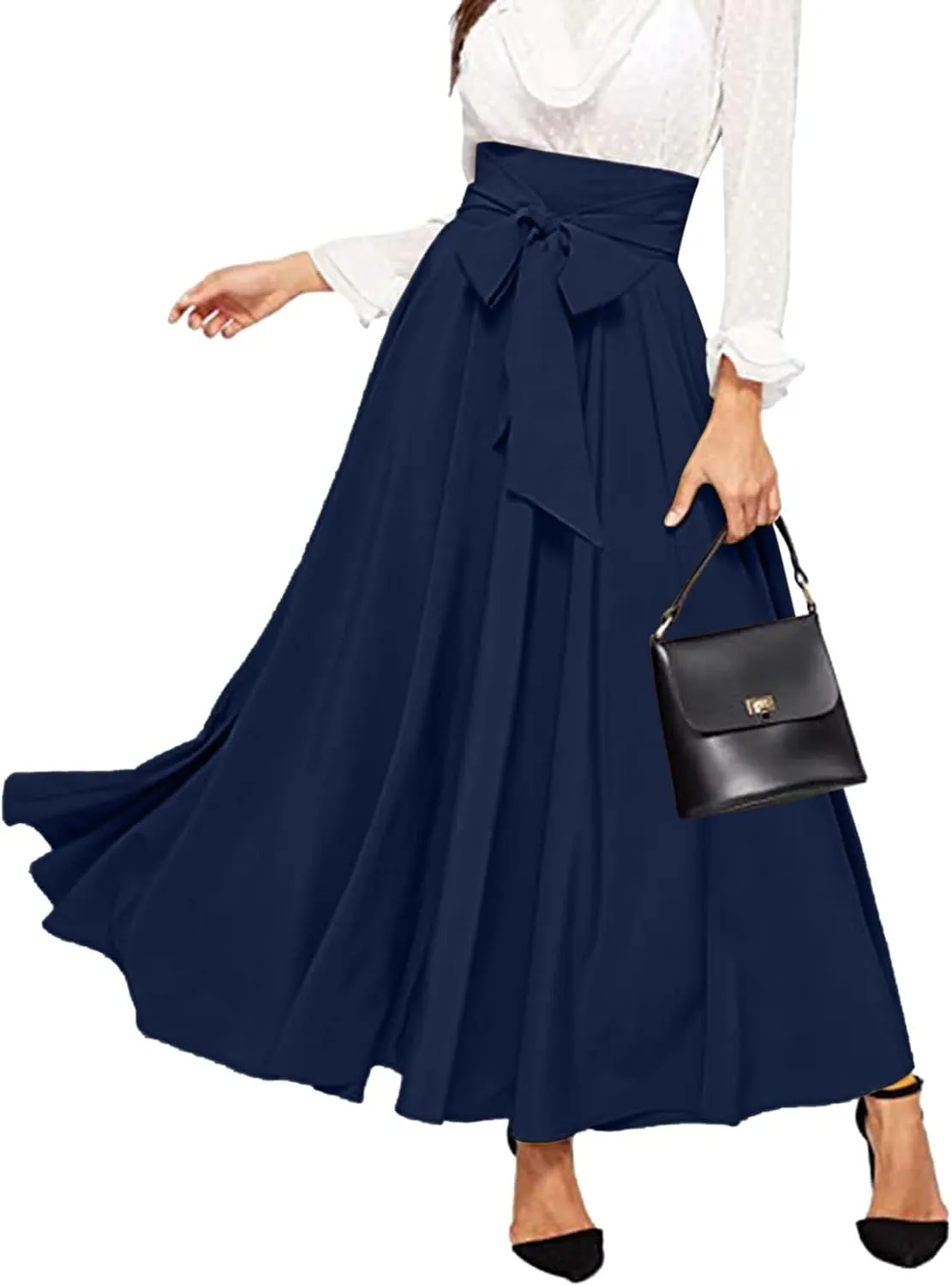 Women's Pleated Skirt Elastic Waist A-Line Midi Length Skirt Tie Front Maxi Skirts Casual Midi Skirt