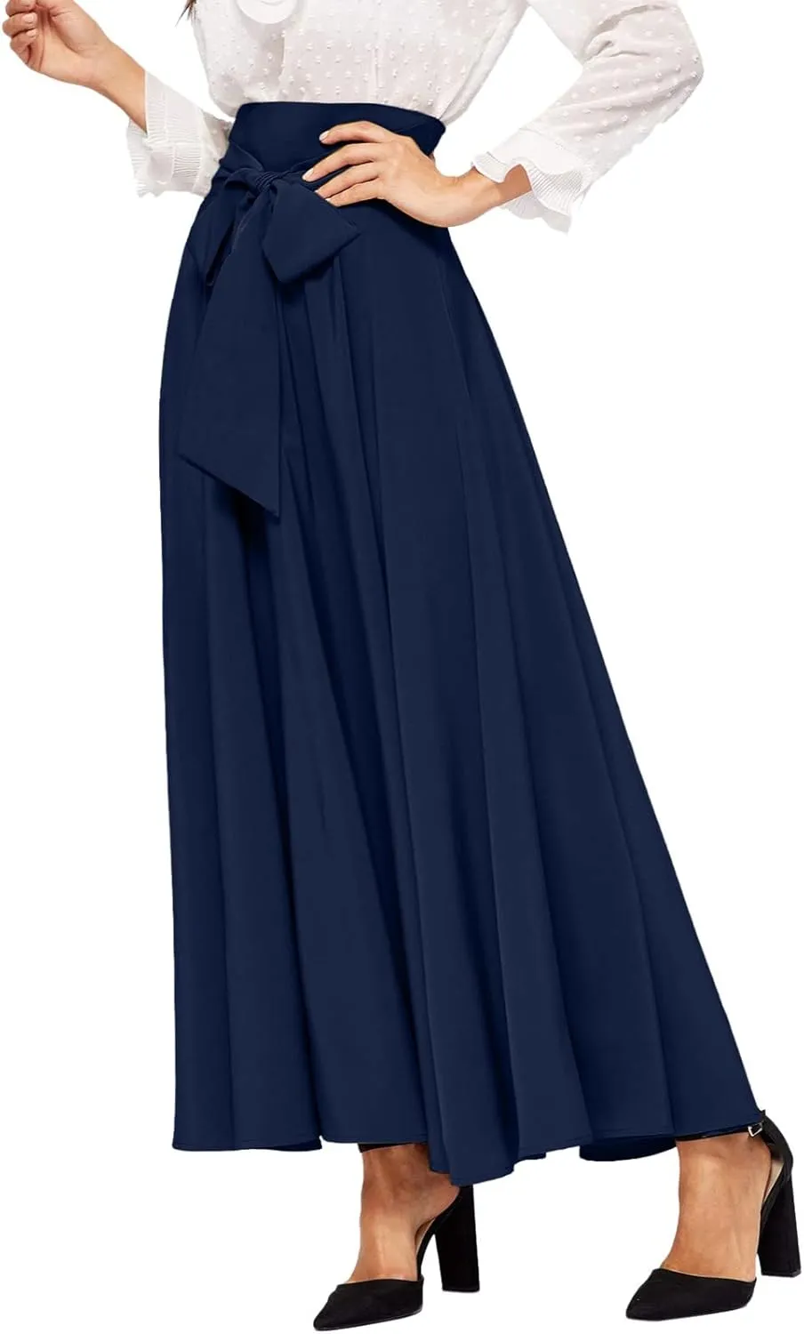Women's Pleated Skirt Elastic Waist A-Line Midi Length Skirt Tie Front Maxi Skirts Casual Midi Skirt