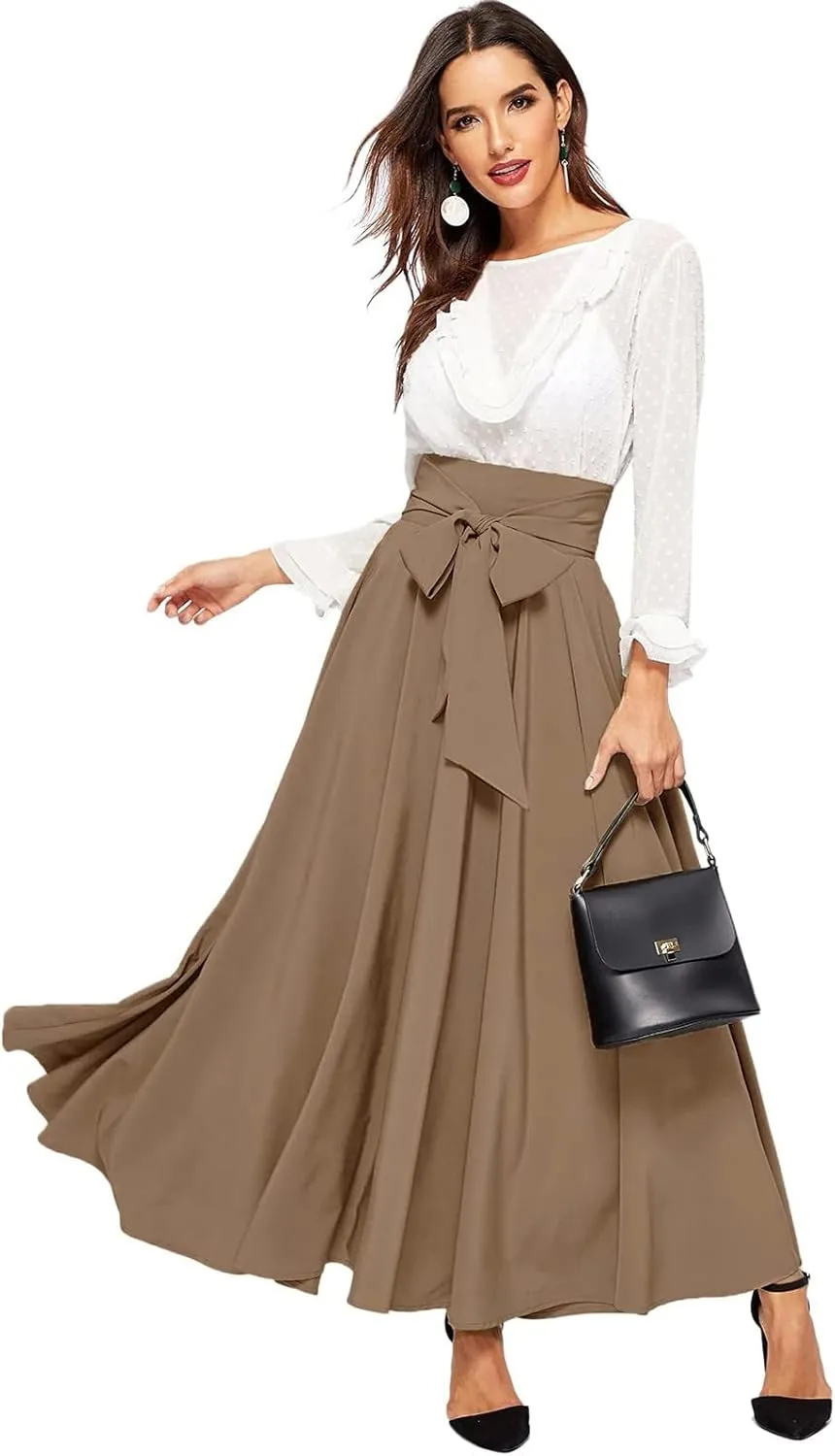 Women's Pleated Skirt Elastic Waist A-Line Midi Length Skirt Tie Front Maxi Skirts Casual Midi Skirt