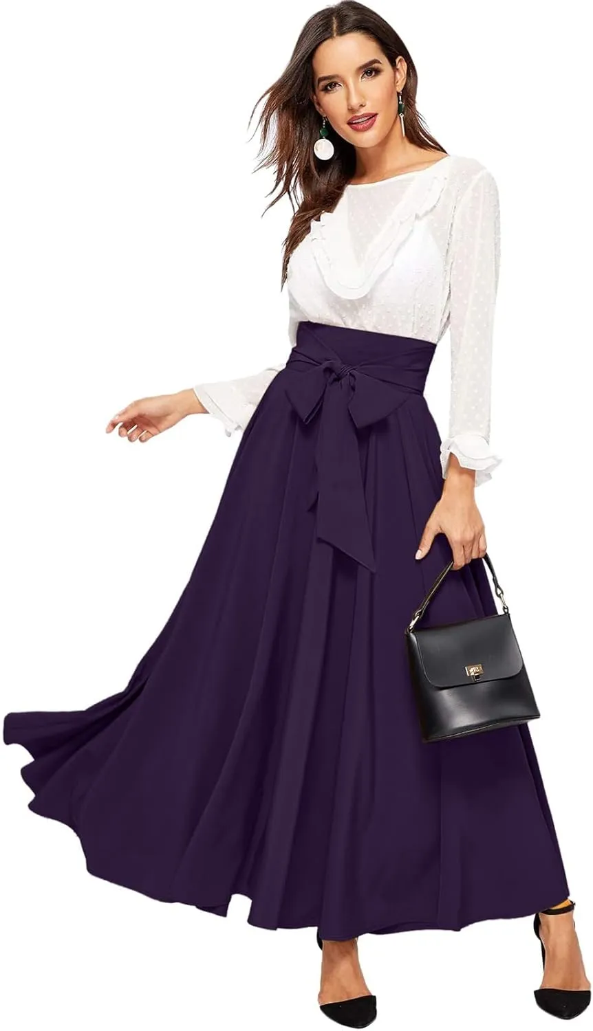 Women's Pleated Skirt Elastic Waist A-Line Midi Length Skirt Tie Front Maxi Skirts Casual Midi Skirt