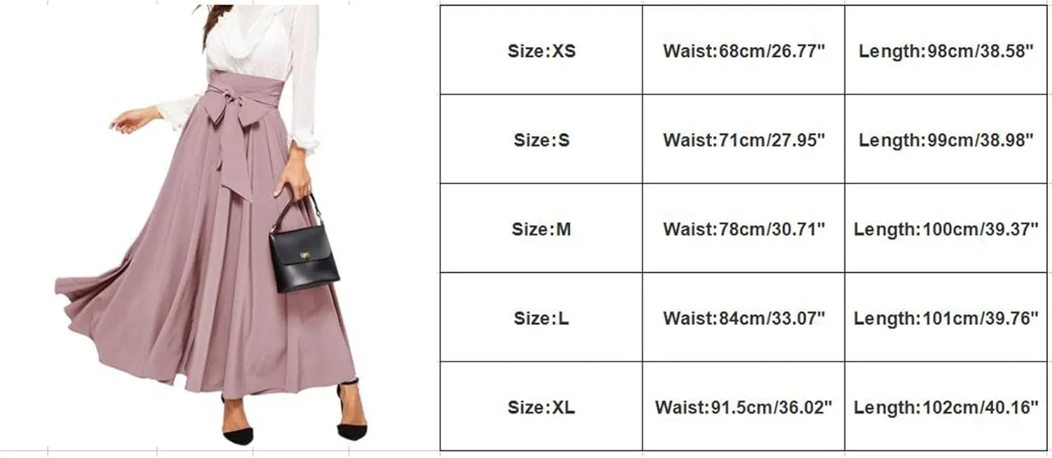 Women's Pleated Skirt Elastic Waist A-Line Midi Length Skirt Tie Front Maxi Skirts Casual Midi Skirt