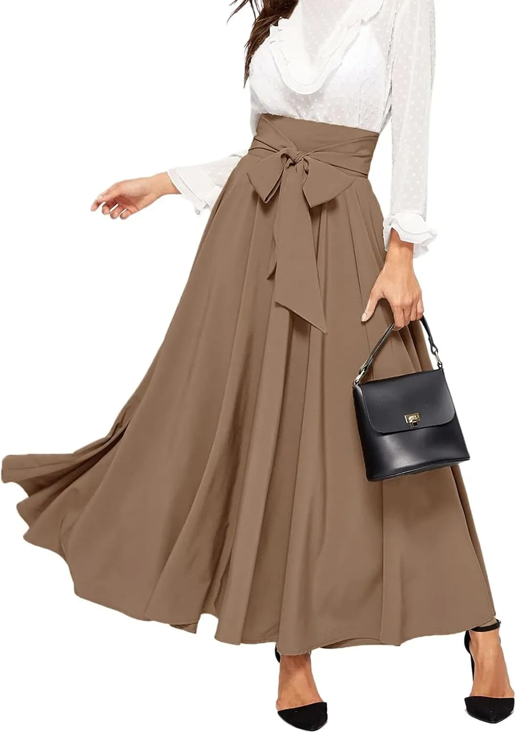 Women's Pleated Skirt Elastic Waist A-Line Midi Length Skirt Tie Front Maxi Skirts Casual Midi Skirt