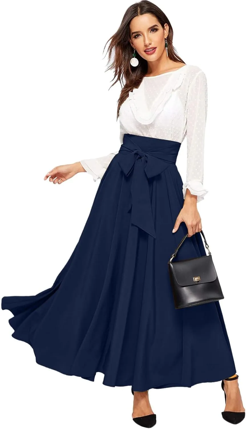 Women's Pleated Skirt Elastic Waist A-Line Midi Length Skirt Tie Front Maxi Skirts Casual Midi Skirt